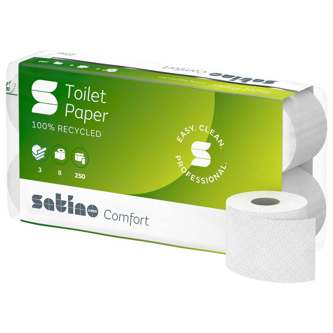 csm_Satino_Comfort_8x250_037060_front_side_with_roll_df8c45646f Satino Comfort Toilettenpapier 3 lagig 250 Blatt
